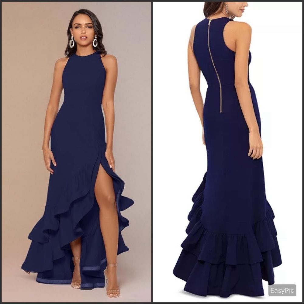 NWT Betsy & Adam Arielle Blue Size 2 Ruffle Hem Halter Gown Dress